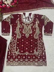 Attractive Blue Chinon Silk Sequence Work Sharara Suit
