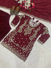 Attractive Blue Chinon Silk Sequence Work Sharara Suit