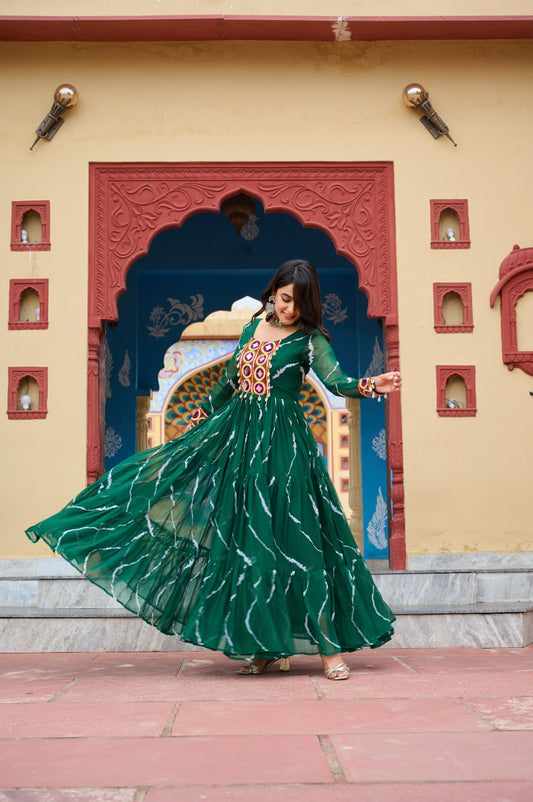 Ravishing Green Georgette Kutchi Patchework Gown