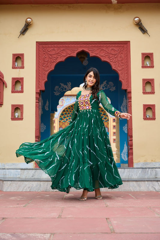 Ravishing Green Georgette Kutchi Patchework Gown