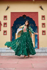 Ravishing Green Georgette Kutchi Patchework Gown