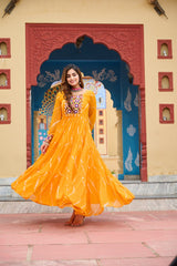 Ravishing Green Georgette Kutchi Patchework Gown