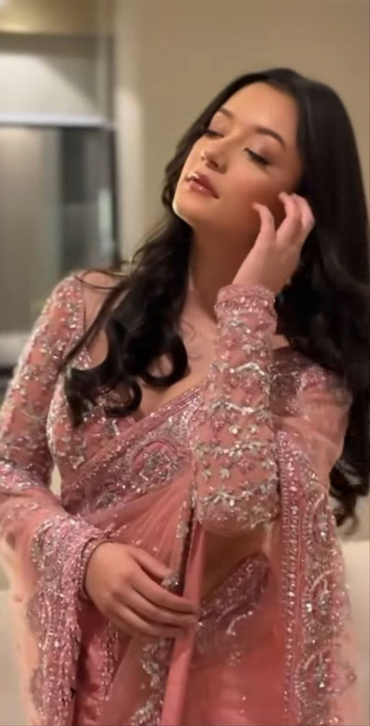 Ravishing Pink Net with Embroidery Work Saree