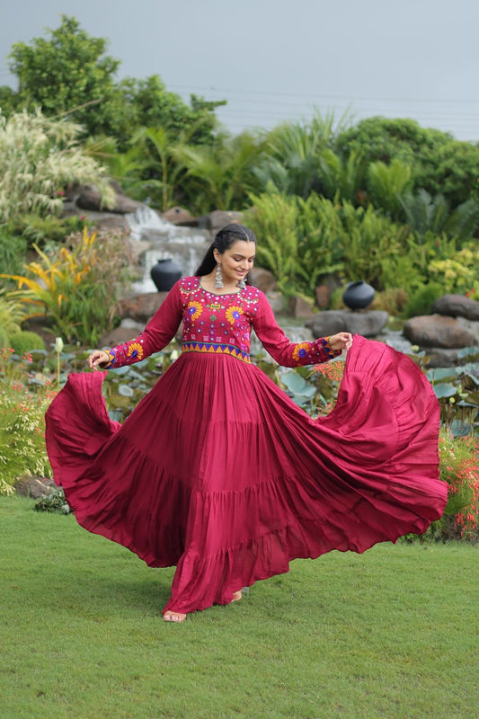 Lovely Maroon Reyon Kutchi Work Gown