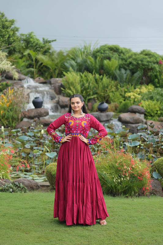Lovely Maroon Reyon Kutchi Work Gown