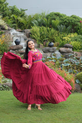 Lovely Maroon Reyon Kutchi Work Gown