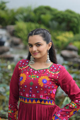 Lovely Maroon Reyon Kutchi Work Gown