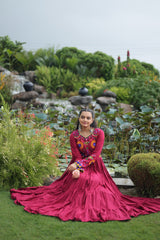 Lovely Maroon Reyon Kutchi Work Gown