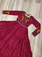 Lovely Maroon Reyon Kutchi Work Gown