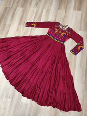 Lovely Maroon Reyon Kutchi Work Gown