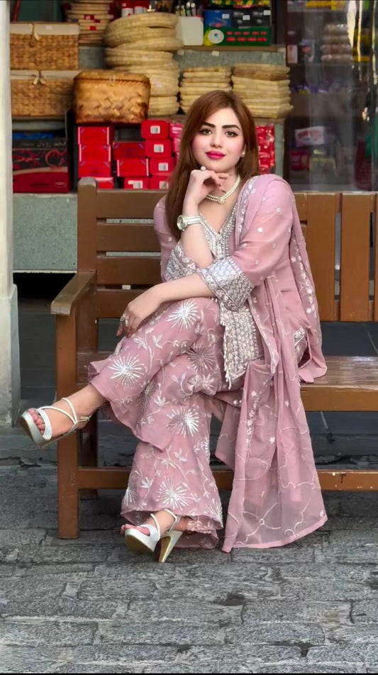 Designer Pink Georgette Embroidery Plazzo Suit