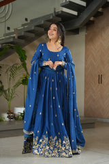 Glorious Blue Chinon Zari Designer Gown
