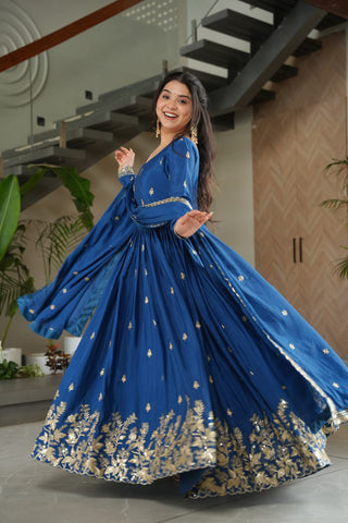 Glorious Blue Chinon Zari Designer Gown