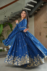 Glorious Blue Chinon Zari Designer Gown