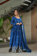 Glorious Blue Chinon Zari Designer Gown