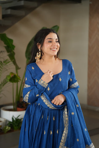Glorious Blue Chinon Zari Designer Gown