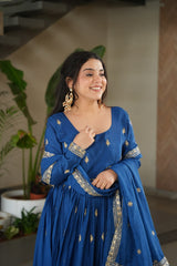 Glorious Blue Chinon Zari Designer Gown