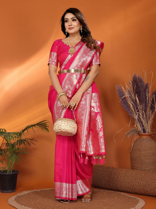 Trendy Pink Banarasi Silk Weaving Saree
