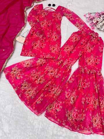 Pretty Pink Georgette Digital Print Sharara Suit
