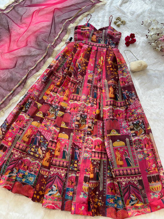 Trendy Multi Pink color Organza Silk Anarkali Gown