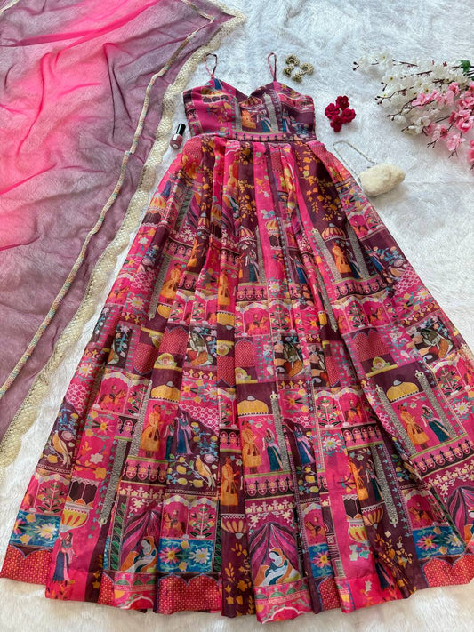Trendy Multi Pink color Organza Silk Anarkali Gown
