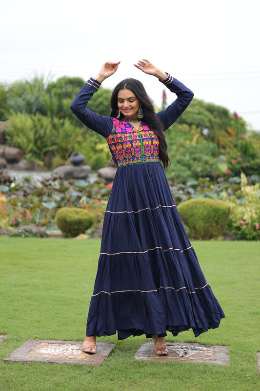 Gorgeous Navy Blue Reyon Embroidered Gown