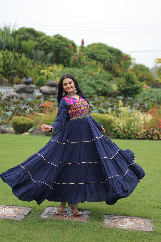 Gorgeous Navy Blue Reyon Embroidered Gown