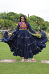 Gorgeous Navy Blue Reyon Embroidered Gown