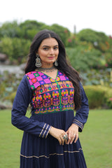 Gorgeous Navy Blue Reyon Embroidered Gown