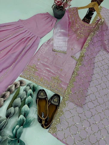 Lovely Pink Organza Sequence Work Sharara Suit