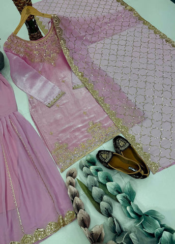 Lovely Pink Organza Sequence Work Sharara Suit