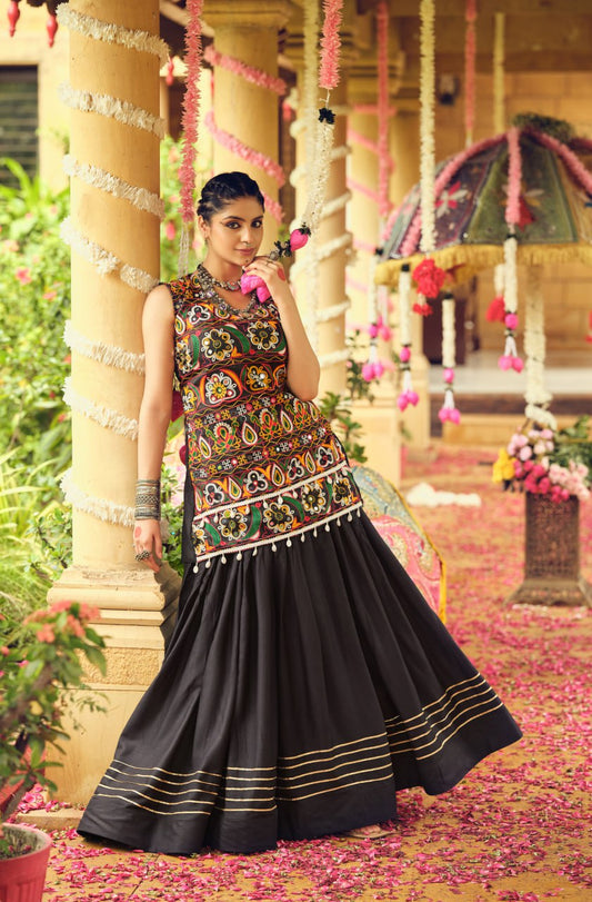 Attractive Black Rayon Ribbon Work Lehenga Choli For Navratri