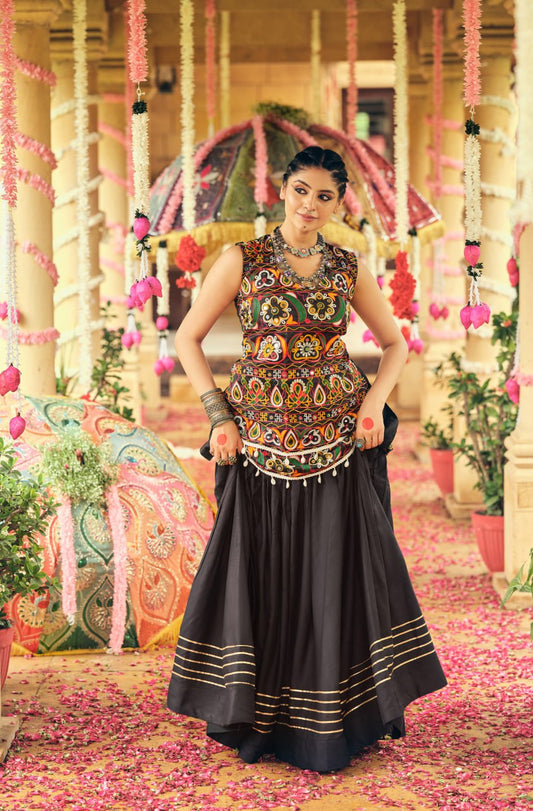 Attractive Black Rayon Ribbon Work Lehenga Choli For Navratri