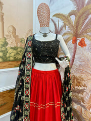 Gorgeous Red Cotton Print Work Lehenga Choli
