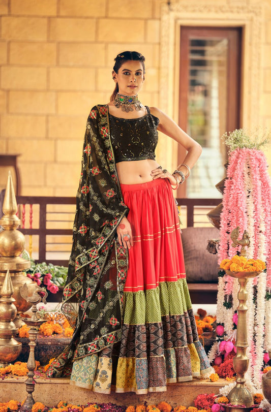 Gorgeous Red Cotton Print Work Lehenga Choli