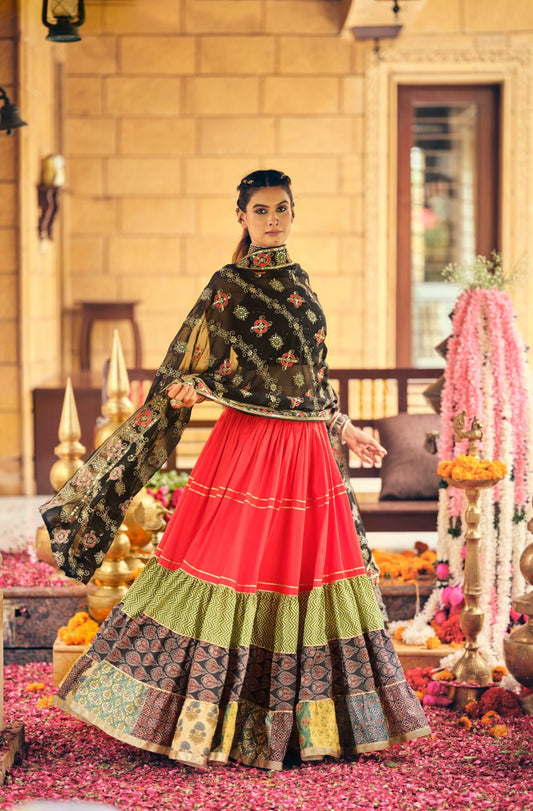 Gorgeous Red Cotton Print Work Lehenga Choli