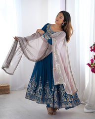 Teal Blue Color Multi Thread Work Gown With White Dupatta