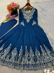Teal Blue Color Multi Thread Work Gown With White Dupatta
