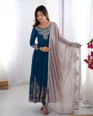 Teal Blue Color Multi Thread Work Gown With White Dupatta