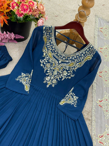 Teal Blue Color Multi Thread Work Gown With White Dupatta