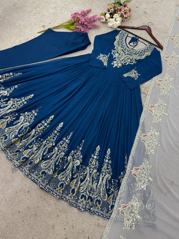 Teal Blue Color Multi Thread Work Gown With White Dupatta