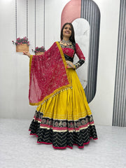 Alluring Yellow Cotton Embroidery Work Lehenga Choli For Navratri