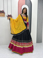 Alluring Yellow Cotton Embroidery Work Lehenga Choli For Navratri