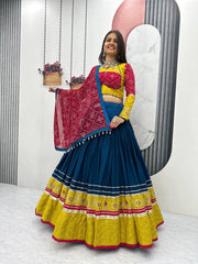 Alluring Yellow Cotton Embroidery Work Lehenga Choli For Navratri