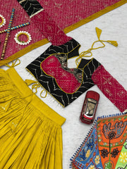 Alluring Yellow Cotton Embroidery Work Lehenga Choli For Navratri