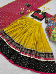 Alluring Yellow Cotton Embroidery Work Lehenga Choli For Navratri