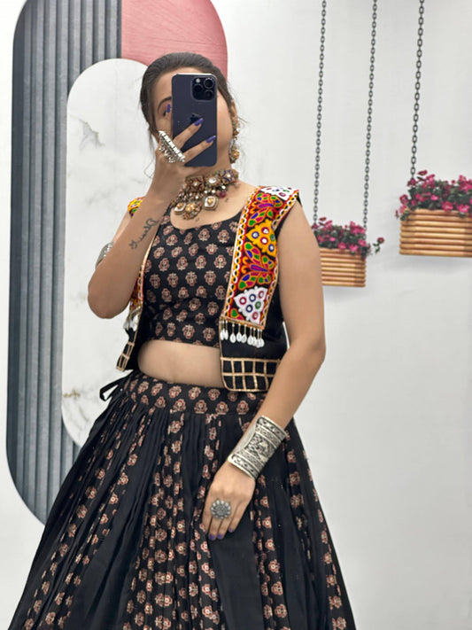 Gorgeous Brown Cotton Ajrakh Print Lehenga Choli For Navratri