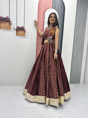 Gorgeous Brown Cotton Ajrakh Print Lehenga Choli For Navratri