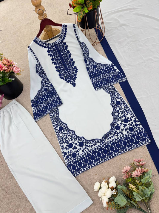 Stylish White Georgette Embroidery Palazzo Suit