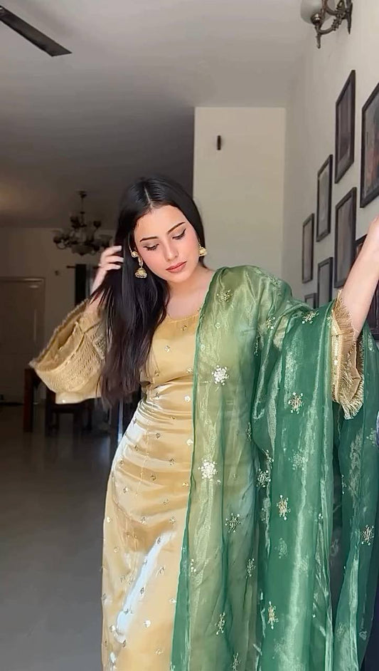 Stylish Gold Choo Silk Embroidery Work Kurti